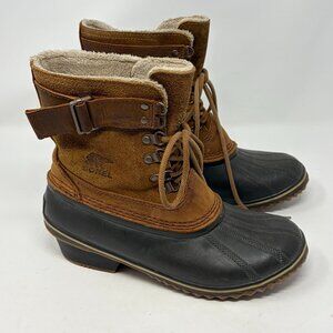 Sorel women's Winter Fancy Lace II duck boots rubber suede brown tan 9 buckle